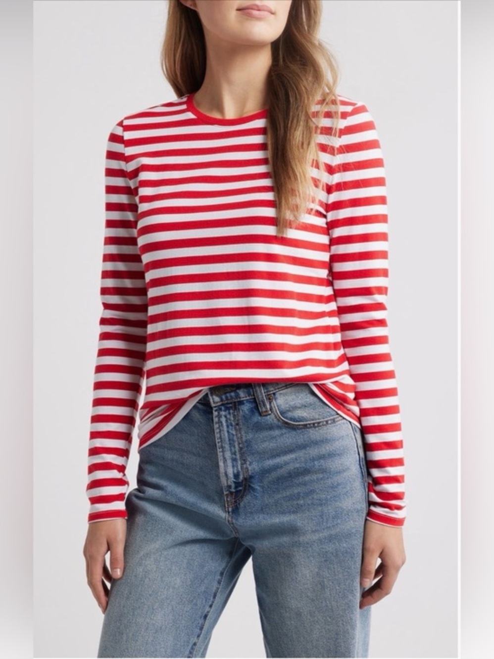 NEW…Caslon Striped Red and White Long-Sleeve Crewneck Top